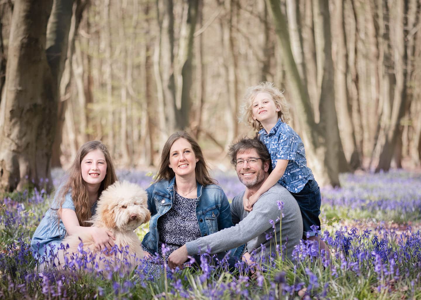 family portrait in the bluebells